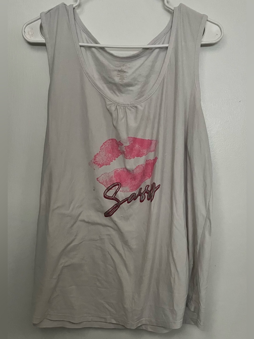 White Tank Top with Pink Lip Graphic and 'Sassy' Script